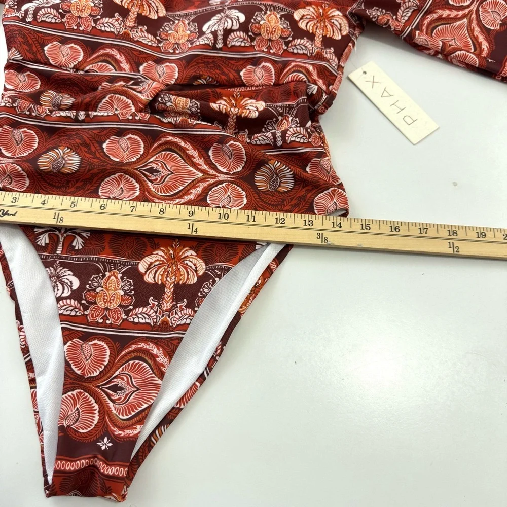 NWT Phax Sz M One Piece Printed Swimsuit Front Twist Stretch Long Sleeve Orange